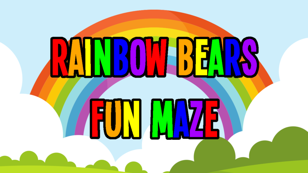 The cover image of Rainbow Bears Fun Maze, featuring the title in brightly coloured text against a cartoon rainbow background.