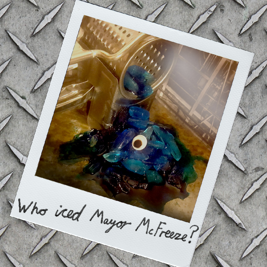 The cover image of Who Iced Mayor McFreeze?, featuring a Polaroid-style photograph of a crime scene: a mangled pile of blue ice lies just beneath a vicious-looking machine, with a single googly eye staring up from it.